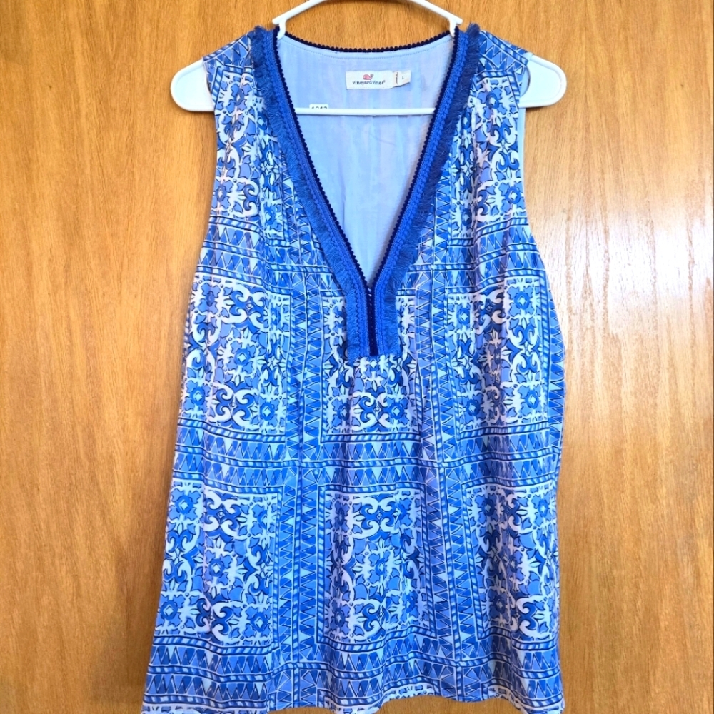 Vineyard Vines Women Blue White Geometric Fringe Trim V-Neck Tank Top Large